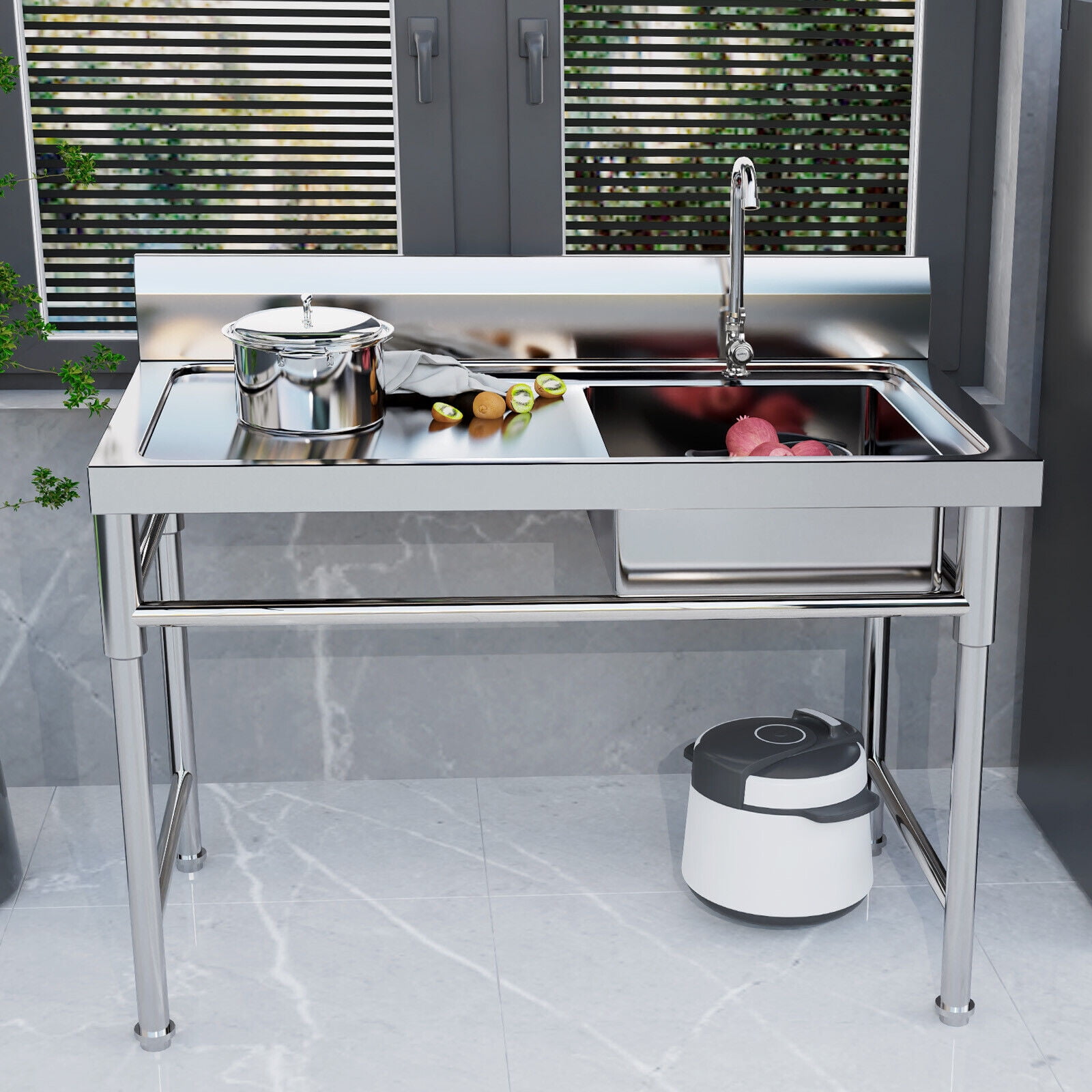 Single Bowl Commercial Kitchen Sink with Workbench,Stainless Steel Utility Sink Free Standing Outdoor Sink,Prep & Utility Sink Drain Pipe with Tap for Rest (Single Bowl 47.24"x 23.62"x 31.49")