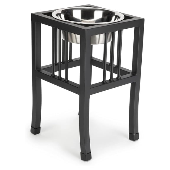 Single Bowl Elevated Diner - 18" Tall - Raised Dog Feeder - Color: Black - Great for Large/XL Breeds - Best Pet Food and Water Bowls - Non-Skid Legs - Metal/Steel - Stainless Steel Bowls