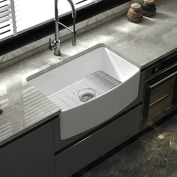 Single Bowl Kitchen Sink - 30 Inch Fireclay Deep Curved Apron Front Kitchen Sink - Premium White Kitchen Sink for Home, Farmhouse (Grid & Strainer Included)
