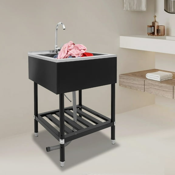 Single Bowl Laundry Sink with Stand, Sink with Pull-Out Faucet, Stainless Steel