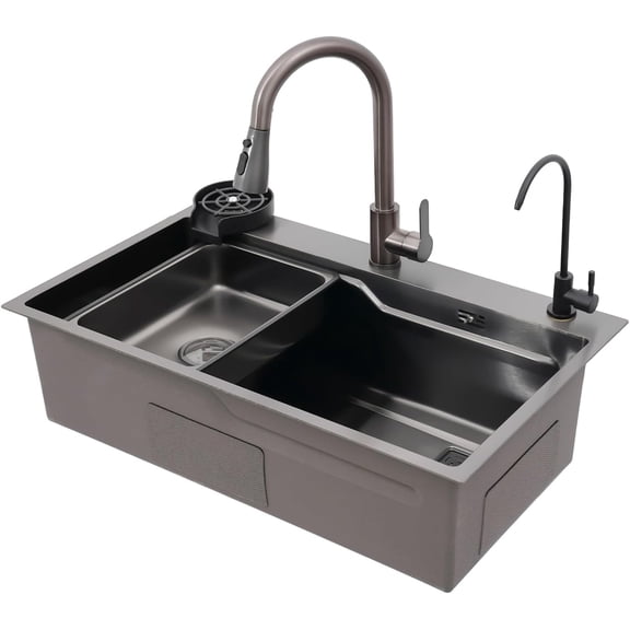 Single Bowl Sink Drop In Kitchen Sink with Pull-out Faucet Drainage Kit 29"Lx17"Wx8"H Stainless Steel Sink Utility Sink for Homes, Restaurants (Black)