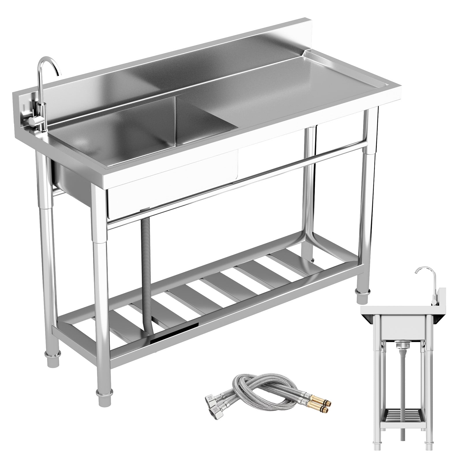 Single Bowl Utility Sink, Freestanding Wash Station, 47.3″×18.5″×33.6″ Kitchen Sink, with Swivel Faucet, Hot Cold Lines, Organizer Shelf, for Laundry, Backyard, Small Business
