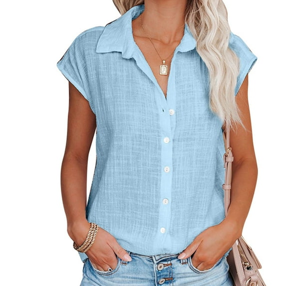 Single Breasted Blouse Button Front Pure Color Turn Down Collar Short Sleeved Blouse for Women Summer Blue S