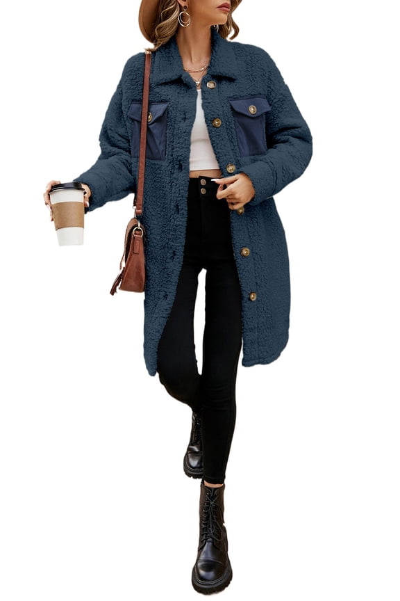 Single Breasted Long Sleeve Teddy Coat with Chic Flap Pockets - Perfect for Winter | [ZhiHiMeRi] | (US 12-14)L