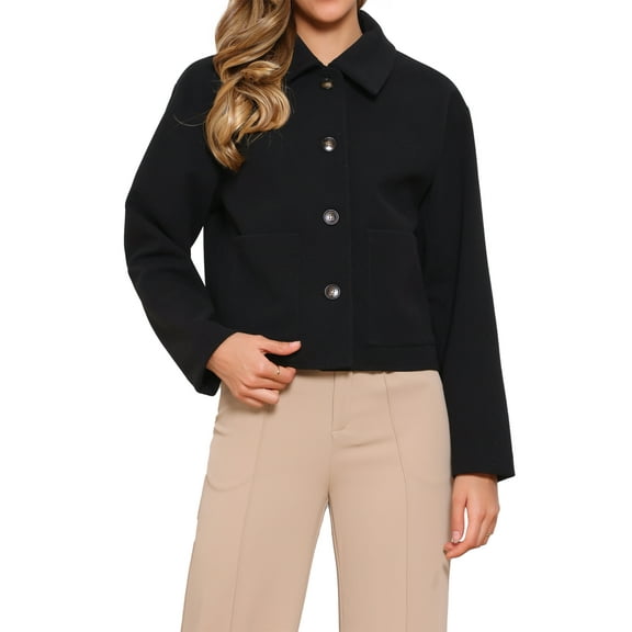 Cropped Jacket for Women Casual Long Sleeve Open Front Button Down Coat Outerwear with Pockets L Black