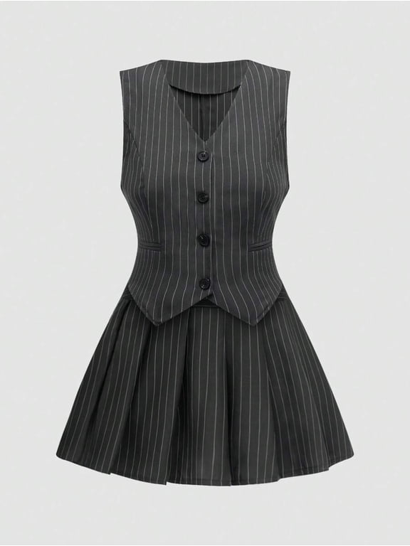 Single-Breasted V-Neck Vest with Pleated Mini Skirt 2-Piece Set for Women