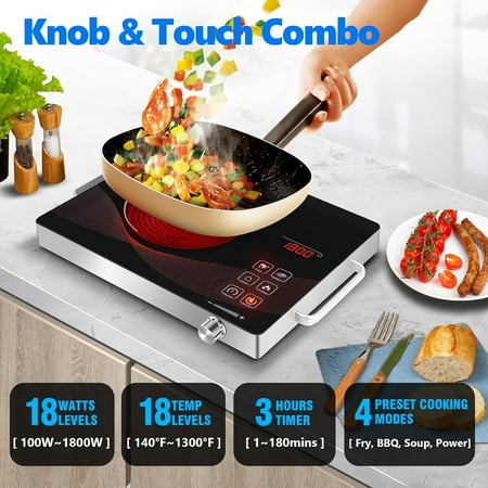 Single Burner Electric Hob 1800W Countertop Hot Plate, Infrared Cooker for Cooking Portable Stove, Compact Hotplate Temperature Adjustable, Touch & Knob Control