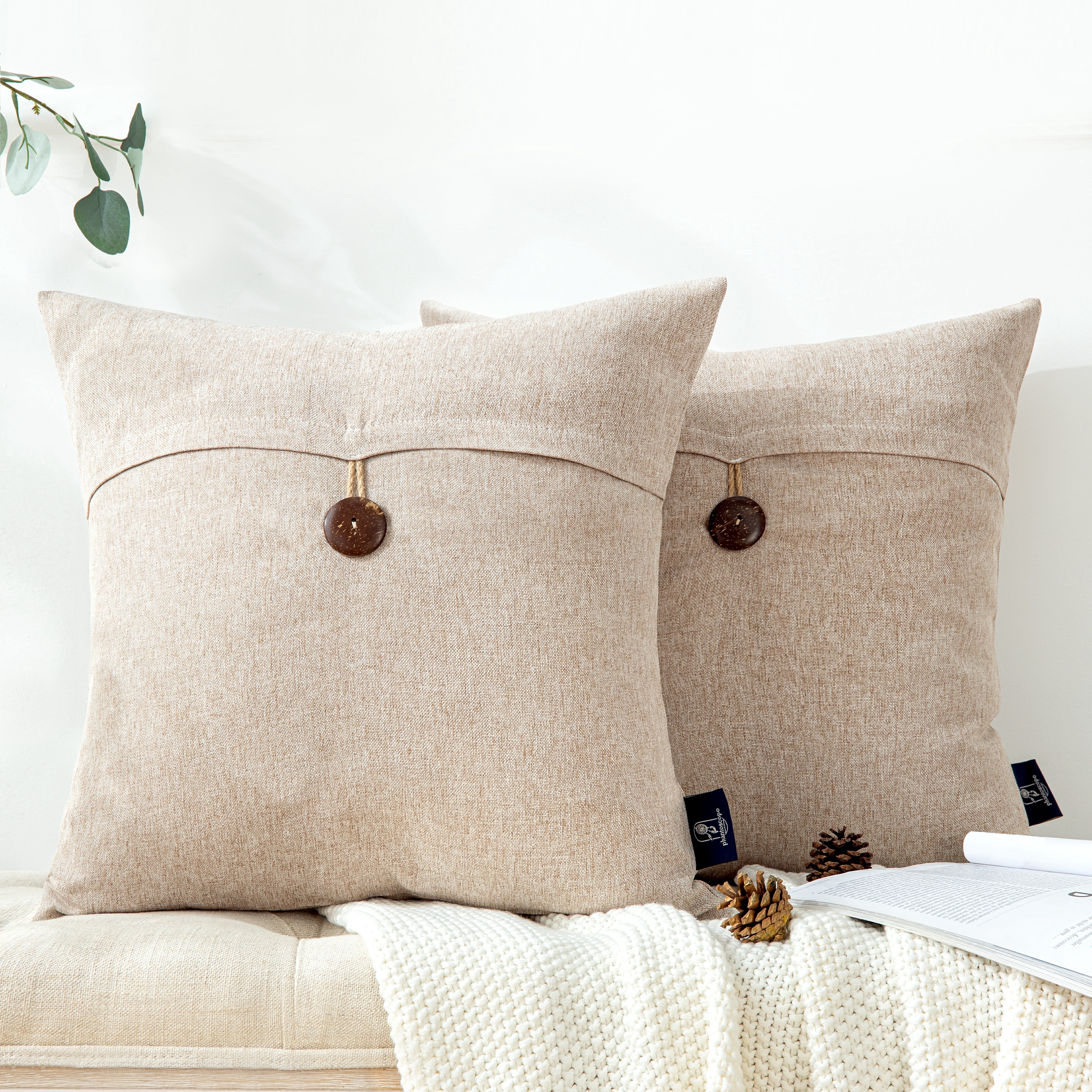 Single Button Series Decorative Throw Pillow Cover，Polyester pillow Cusion for Couch, 18" x 18", Beige, 2 Pack
