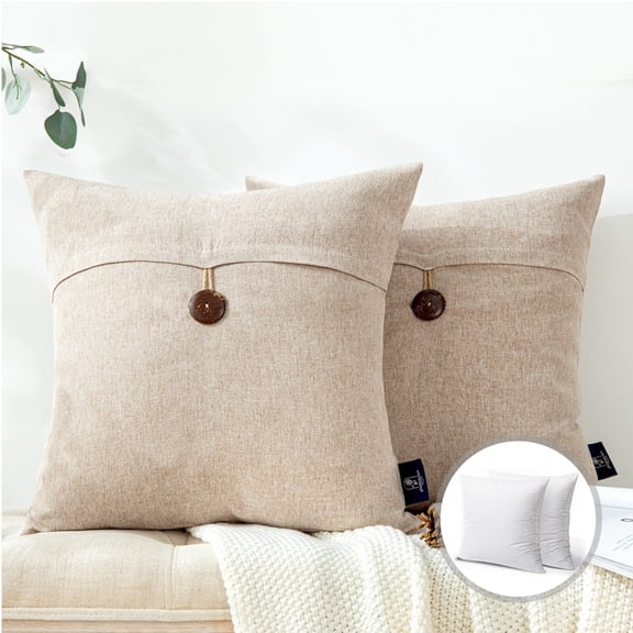 Single Button Series Farmhouse Square Decorative Polyester Throw Pillow Cusion for Couch, 18" x 18", Beige, 2 Pack