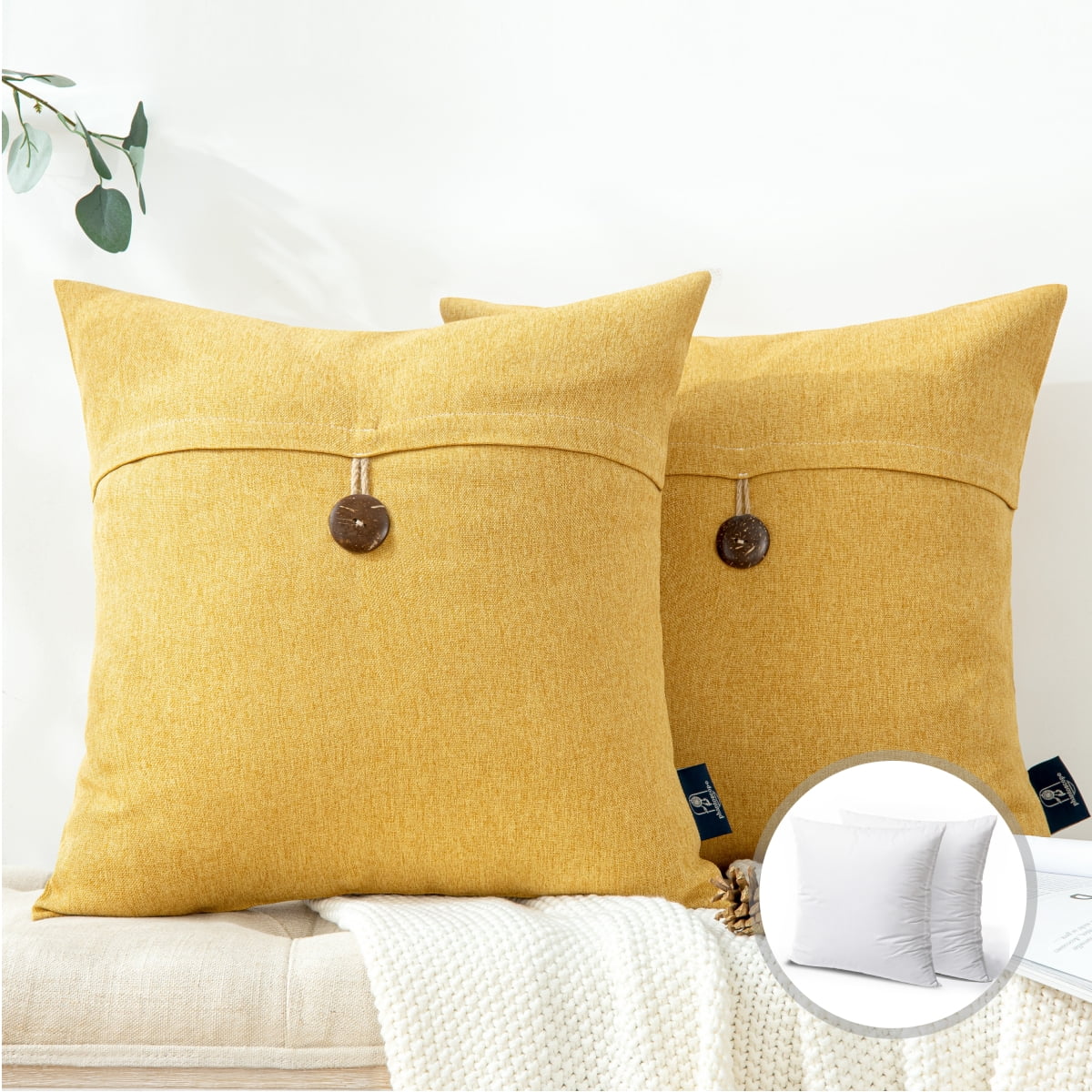 Single Button Series Farmhouse Square Decorative Polyester Throw Pillow Cusion for Couch, 18 inch x 18 inch, Yellow, 2 Pack