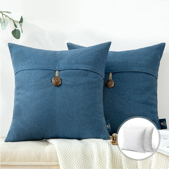 Single Button Series Farmhouse Square Decorative Polyester Throw Pillow Cusion for Couch, 20" x 20", Dark Blue, 2 Pack