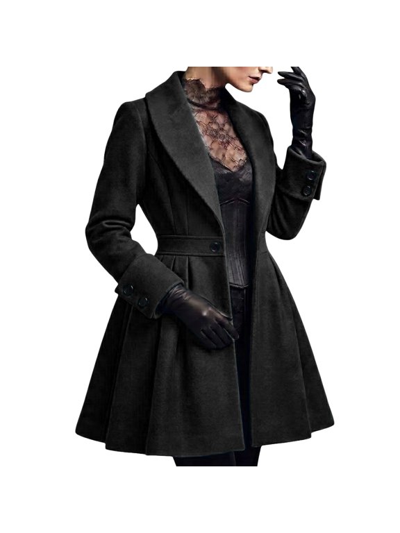 Single Button Winter Coats for Women Lapel Flared Hem Cinched Waist Fall Formal Outerwear, L