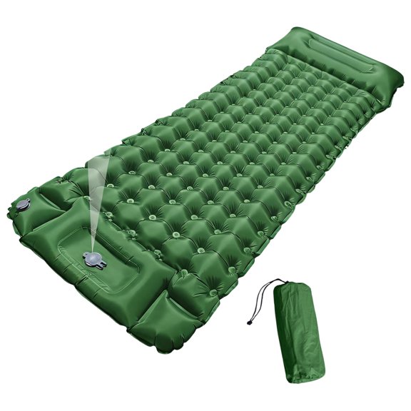 Single Camping Air Pad with Integrated Pillow, Foot Pump Inflatable Sleeping Mat for Backpacking, Hiking, and Trekking