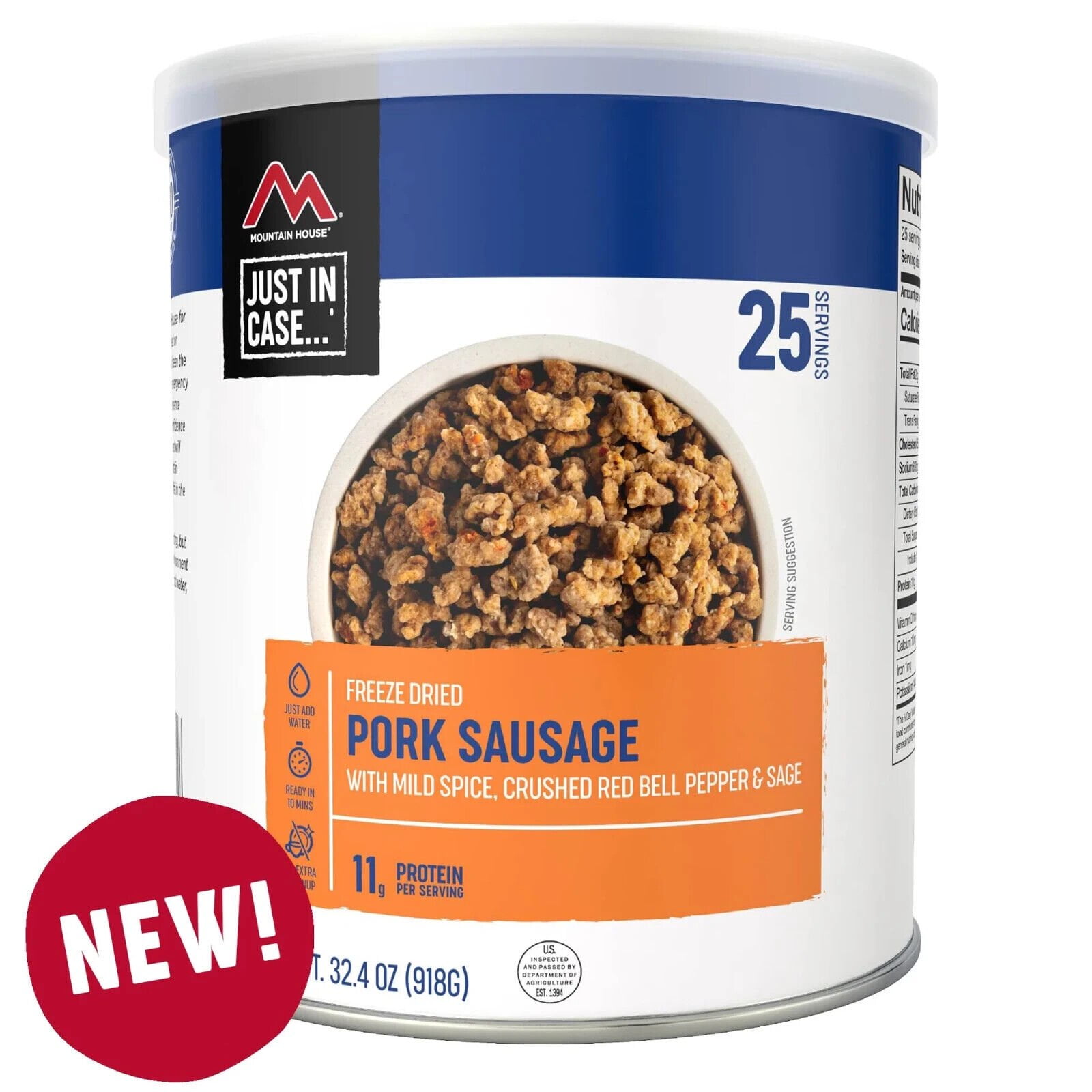 (Single Can) Mountain House Fully Cooked Pork Sausage with Mild Spice Freeze Dried Survival Camping Food #10/ 25 Servings/ Can