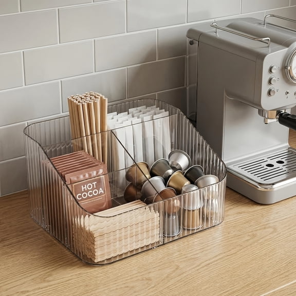 Single Clear Acrylic Coffee Capsule Storage Box, Divided Pod Organizer for Sugar Sticks & Stirrers, Tilt Top Coffee Bar Accessory Holder, Easy to Clean