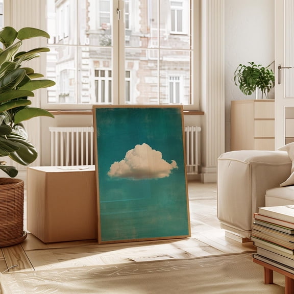 Single Cloud Wall Poster – Minimalist White Cloud On Textured Teal Sky Background For Modern, Serene, And Dreamy Home Decor, Art Print, Vintage Poster, Interior Print, Unfreamed 8x10