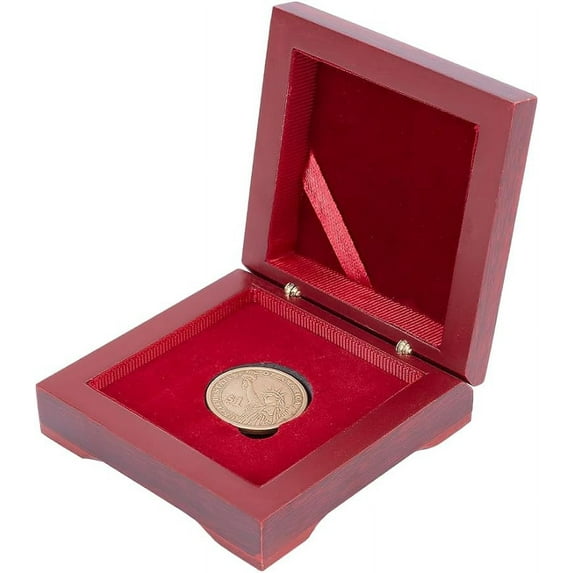 Single Coin Wooden Display Box Dark Red Challenge Coin Presentation Display Box Case 1.1inch Recess Diameter Velvet Inside with Magnetic Clasp