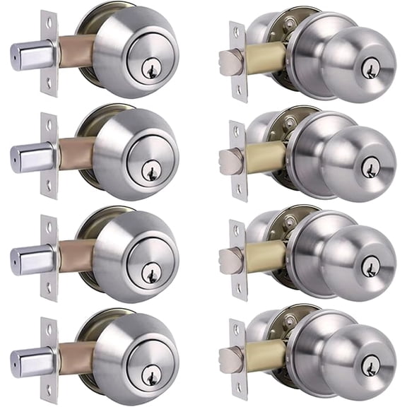 Single Cylinder Deadbolt Lock and Door Knob, Satin Nickel, 4pack-Set