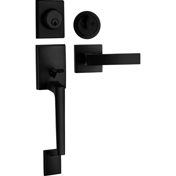 Single Cylinder HandleSet with Lever Door Handle (for Entrance and Front Door) Reversible for Right and Left Handed deadbolt Handle Set Iron Black Finish