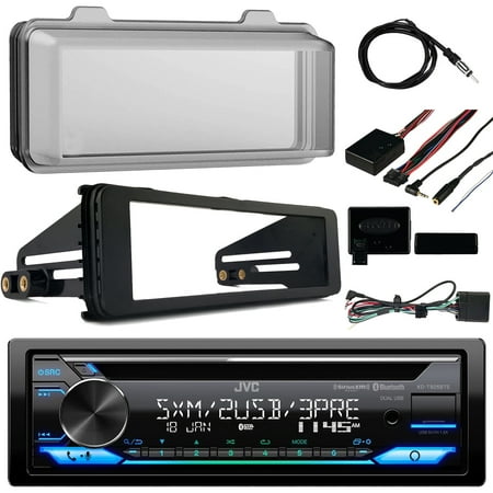 Single DIN Bluetooth CD Player USB AUX AM/FM Radio Receiver W/ Cover - Bundle With Install Dash Kit + Handle Bar Control + Wired Antenna for 98 2013 Touring FLHT FLHX FLHTC Motorcycle Bike