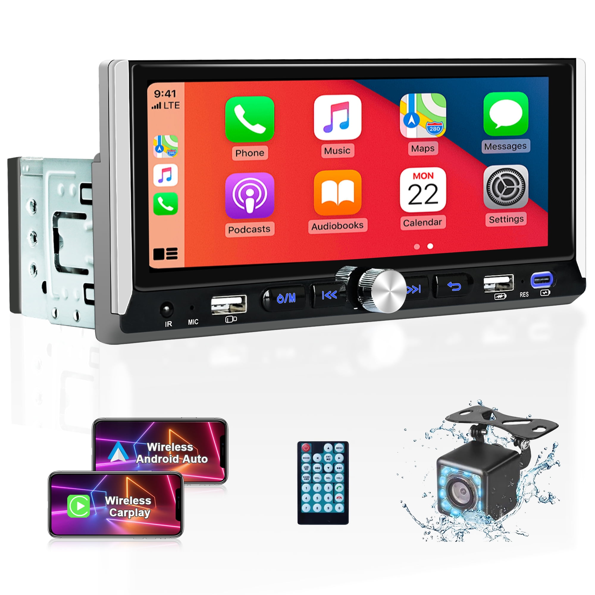 Wireless Single Din Car Stereo, 6.9" Touchscreen Car Audio Receiver, Apple Carplay & Android Auto, Bluetooth, Type-C/USB Fast Charging, Rear Camera