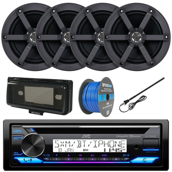 Single DIN Headunit Bluetooth Radio USB AUX AM/FM CD Player Marine Receiver Bundle Combo with 2 Pairs (QTY 4) 6.5" 2-Way 100 Watts Peak Boat Audio Speakers, Speaker Wire, Antenna, Radio Cover