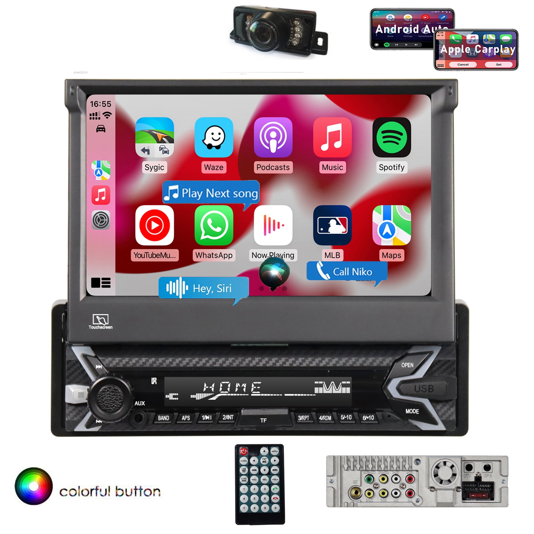 Single DIN In Dash Car Stereo with Apple Carplay Android Auto Head Unit  inch Flip Out Capacitive Touch Screen Audio Video ,Radio,Bluetooth, Built-in  Microphone,USB SD Backup Camera