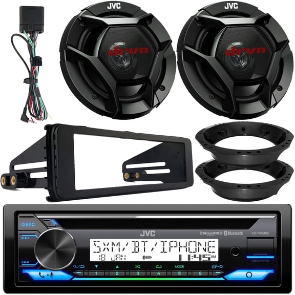 Single DIN Marine Bluetooth CD Player USB AUX Stereo Radio Receiver with Radio Dash Kit for Select 98-13 Harley Davidson Motorcycles, 2x  6.5" 2-Way Coaxial 300W Max Speakers with Mounting Adaptors