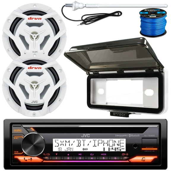 Single DIN Marine Bluetooth USB AUX AM/FM Radio CD Player Receiver Bundle Combo with 2x 6.5" 150W 2-Way White Waterproof Boat Audio Speakers, Receiver Shield, Antenna, Speaker Wiring