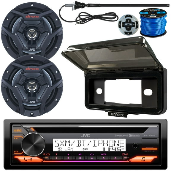 Single DIN Marine Bluetooth USB AUX AM/FM Radio CD Player Receiver Bundle Combo with 2x 6.5" 150W Max 2-Way Black Waterproof Boat Audio Speakers, Wired Remote, Receiver Shield, Antenna, Wiring