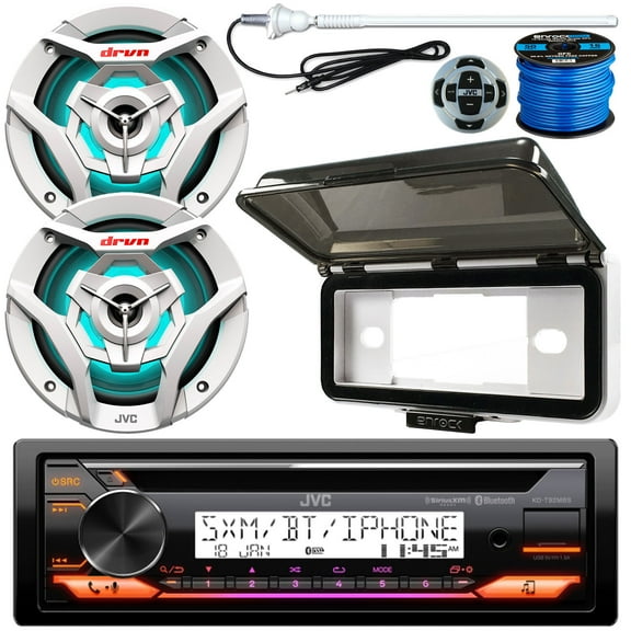 Single DIN Marine Bluetooth USB AUX AM/FM Radio CD Player Receiver Bundle Combo with 2x 6.5" 260W 2-Way White Boat Audio Speakers with MultiColor LEDs, Wired Remote, Receiver Shield, Antenna, Wiring