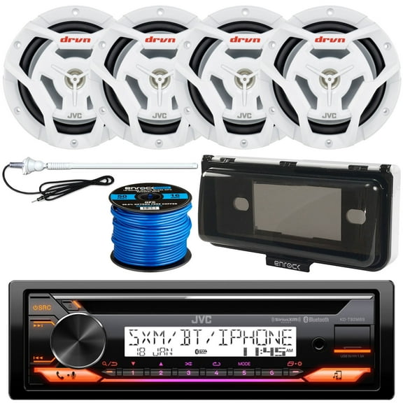 Single DIN Marine Bluetooth USB AUX AM/FM Radio CD Player Receiver Bundle Combo with 4x 6.5" 150W 2-Way White Waterproof Boat Audio Speakers, Receiver Shield, Antenna, Speaker Wiring