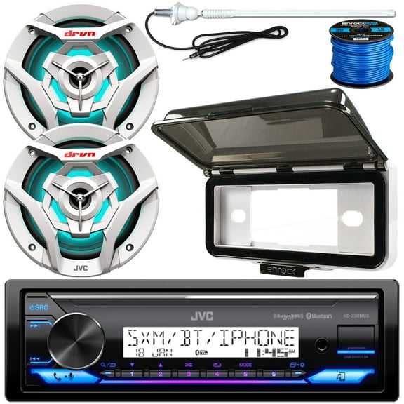 Single DIN Marine Digital Media USB AUX Bluetooth MP3 Stereo Receiver Bundle Combo with 2x 6.5" 260W 2-Way White Boat Audio Speakers with MultiColor LEDs, Receiver Shield, Antenna, Speaker Wiring