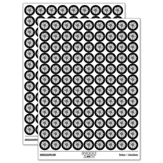 Single Daisy Flower 200+ Round Stickers - Black - Matte Finish - 0.50" Size