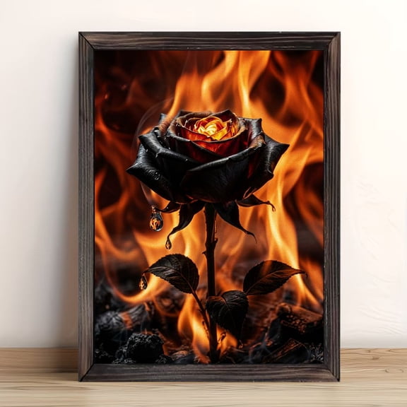 Single Dewy Black Rose Orange Flame Background Framed Wall Art, Solid Wood Frame Moody Dark Floral Art Print, Gothic Wall Decor for Bedroom Living Room, 12x16in