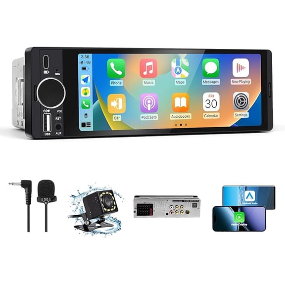 Single Din Car Stereo with Apple CarPlay & Android Auto, 6.36 Inch HD Touch CarPlay Screen, Backup Cam,Bluetooth, USB Type-C, SWC, EQ, FM Radio (with External Mic)