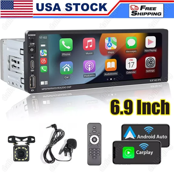 Single Din Car Stereo Wireless Apple CarPlay 6.9 touchscreen Bluetooth Radio USB