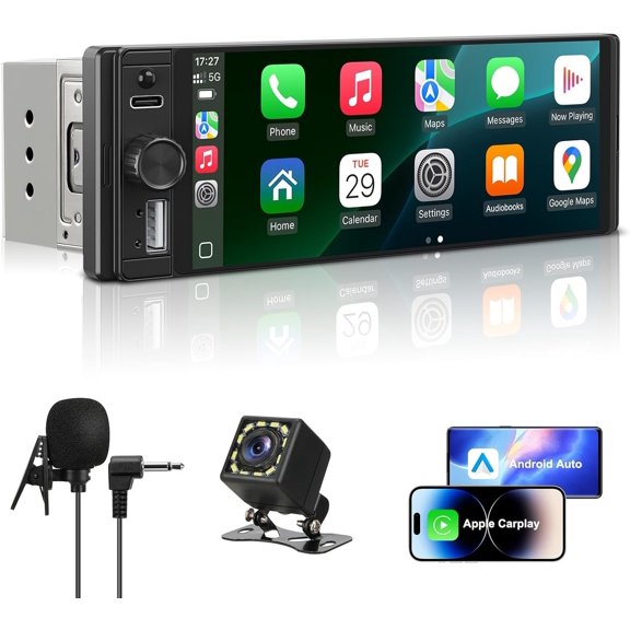 Single Din Radio  Stereo with   & , 6.28 Inch    Screen, Backup Cam,, MP5,USB Type-C, SWC, EQ, FM Radio (with External Mic)
