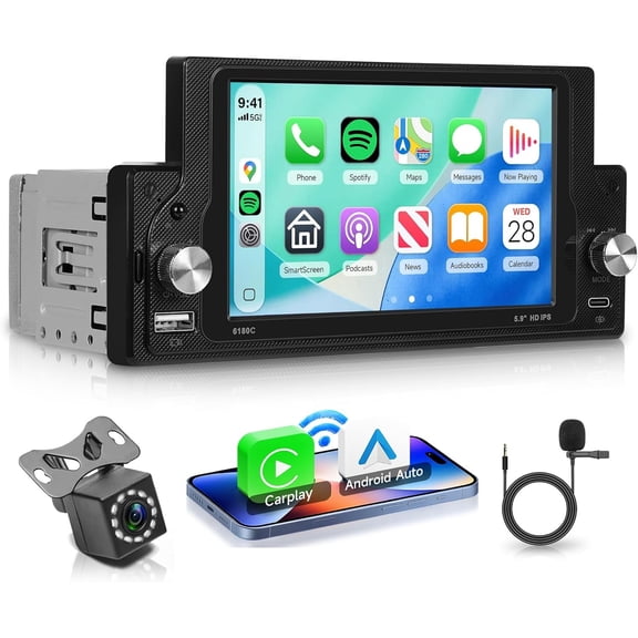 Single Din  Stereo     Radio with  5.0, 5.9 Inch  Screen MP5 Player, Mirror Link, USB Type-C, EQ, FM, SWC Backup Camera