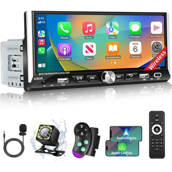 Single Din  Stereo with    , 6.9" IPS Touchscreen  Stereo with  5.2 Handsfree Mirror Link Backup Camera GPS Navigation Dual USB  Charge FM AM EQ SWC