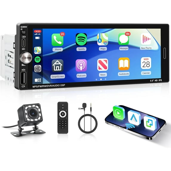 Single Din  Stereo with    Mirror Link,   Radio  Handsfree Headunit 6.9 Inch 1 Din IPS Touch Screen FM Type-C   EQ SWC with Reverse Camera