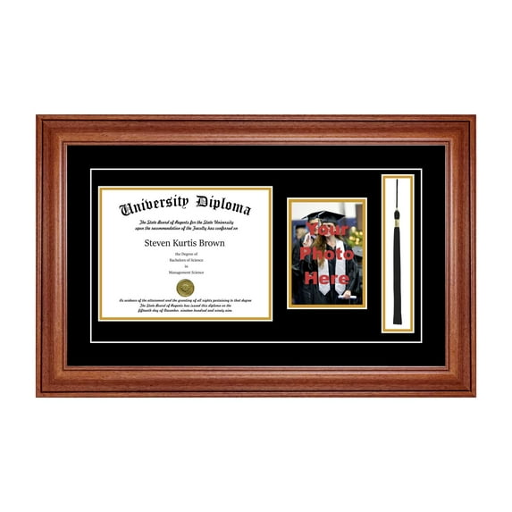 Single Diploma Frame with 5x7 Photo, Tassel and Double Matting for 10" x 8" Tall Diploma with Walnut 2" Frame