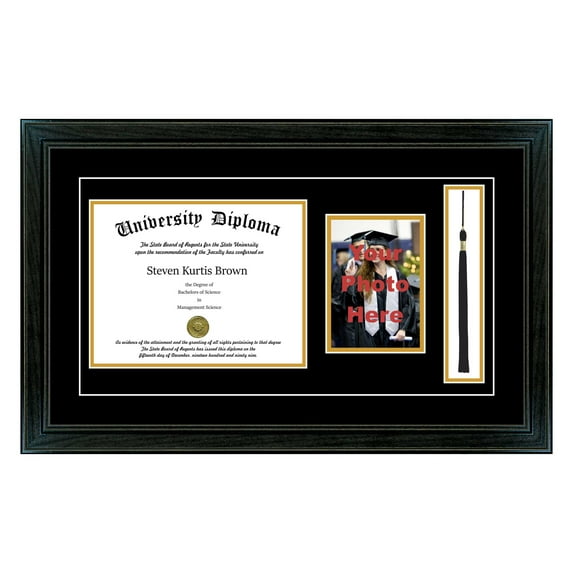 Single Diploma Frame with 5x7 Photo, Tassel and Double Matting for 14" x 11" Tall Diploma with Black 1.5" Frame