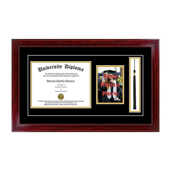 Single Diploma Frame with 5x7 Photo, Tassel and Double Matting for 14" x 11" Tall Diploma with Cherry 1.5" Frame