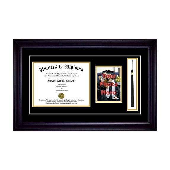 Single Diploma Frame with 5x7 Photo, Tassel and Double Matting for 15" x 12" Tall Diploma with Black 2" Frame
