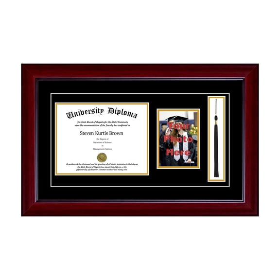 Single Diploma Frame with 5x7 Photo, Tassel and Double Matting for 17" x 11" Tall Diploma with Mahogany 2" Frame