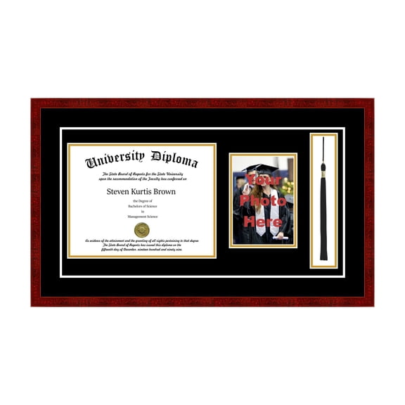 Single Diploma Frame with 5x7 Photo, Tassel and Double Matting for 8.5" x 11" Tall Diploma with Black 3/4" Frame