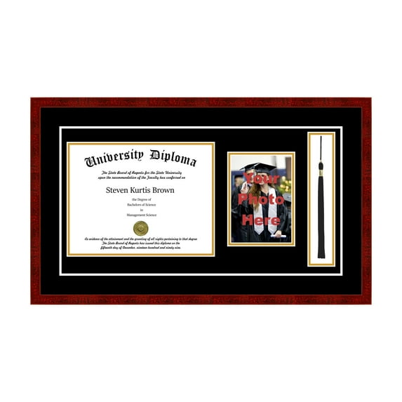 Single Diploma Frame with 5x7 Photo, Tassel and Double Matting for 8.5" x 11" Tall Diploma with Black 3/4" Frame