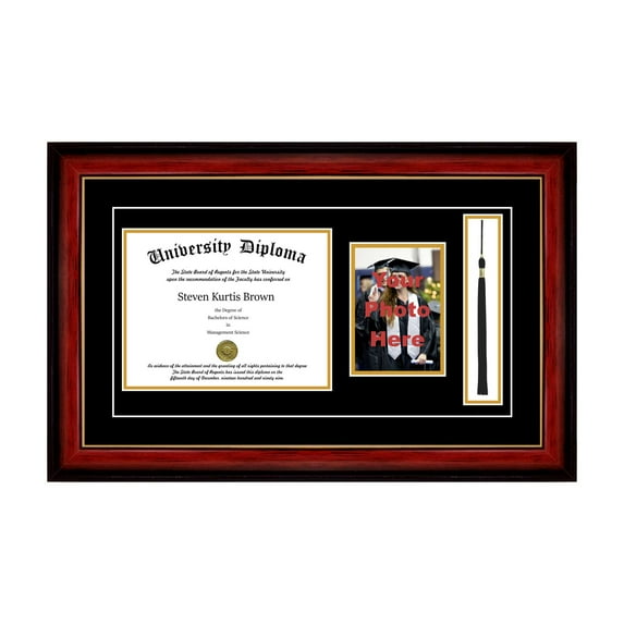 Single Diploma Frame with 5x7 Photo, Tassel and Double Matting for 8.5" x 11" Tall Diploma with Mahogany with Gold Lip 2" Frame