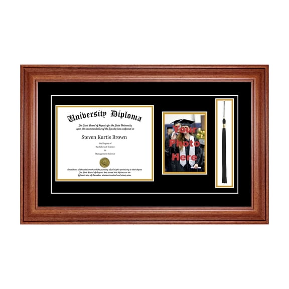 Single Diploma Frame with 5x7 Photo, Tassel and Double Matting for 8.5" x 11" Tall Diploma with Walnut 2" Frame